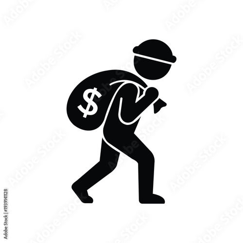 Silhouette of a thief carrying a large sack marked with a dollar sign symbolizing theft money crime financial loss and criminal activity on a plain white background clean vector graphic