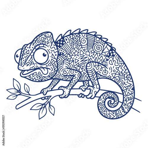 Detailed chameleon sitting on tree branch with ornamental pattern body, cute reptile cartoon character line art illustration, clean vector isolated on white background.