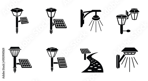 Collection of black silhouette icons depicting various solar powered street lamps