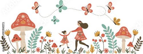 A woman and a little girl walking in a whimsical forest with mushrooms and flowers