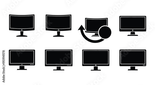 Black and white illustration of various television screen sizes and a refresh symbol