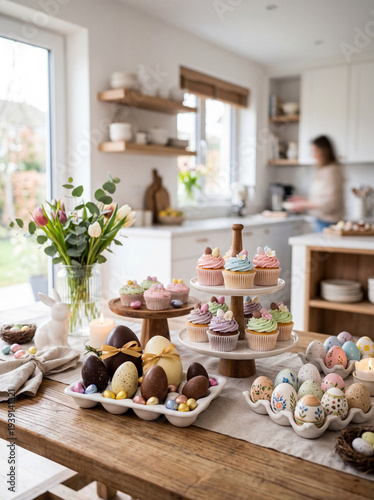 Easter dessert table with cupcakes, chocolate eggs and decorated Easter eggs in cozy spring kitchen, festive Easter celebration setup with pastel sweets and holiday decorations