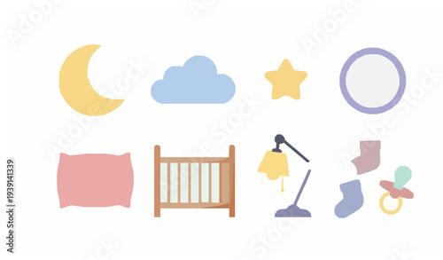 Cute baby bedtime objects vector set with moon cloud star crib pillow pacifier and nursery sleep elements