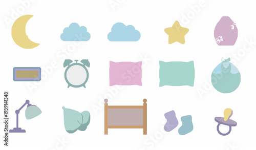 Baby nursery sleep vector set with moon cloud star crib pillow lamp socks and pacifier in pastel colors
