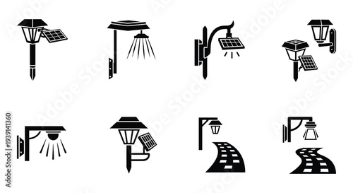 Collection of black silhouette icons depicting various solar powered street lamps