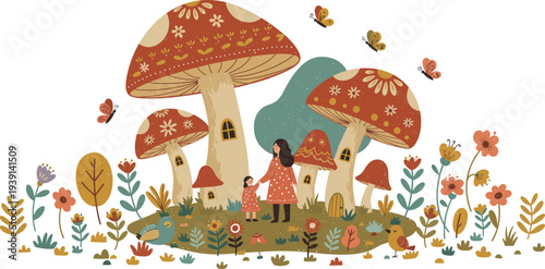 Whimsical illustration of children playing near large colorful mushrooms in a magical forest with flowers and butterflies