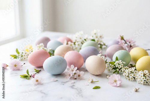 Pastel colored Easter eggs with spring blossom flowers on marble table in soft natural light, festive spring holiday decoration with delicate cherry blossoms and seasonal Easter composition
