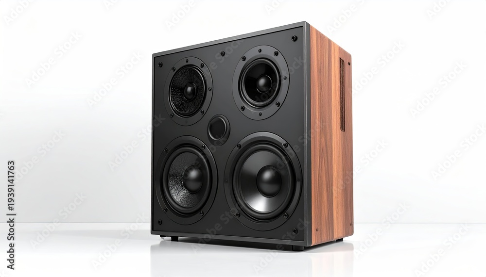 Fototapeta premium Modern rectangular audio speaker with multiple black cones and wood grain sides