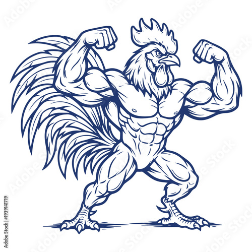 Muscular rooster bodybuilder flexing strong arms, funny anthropomorphic chicken cartoon character line art illustration, clean vector isolated on white background.