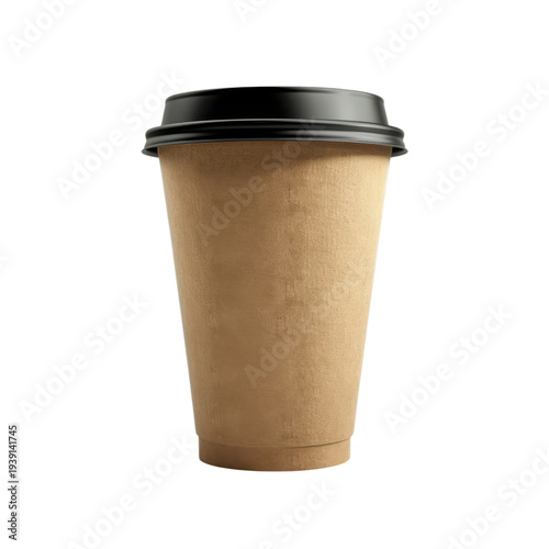 Kraft paper takeaway coffee cup with black plastic lid isolated on Transparent Background