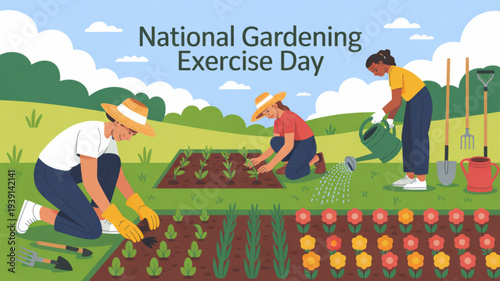 People gardening on national gardening exercise day in a sunny outdoor setting with flowers and tools