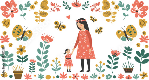 A woman and a little girl surrounded by flowers and butterflies in a garden