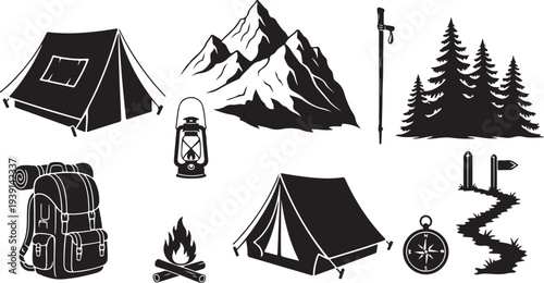 Camping icons and travel symbols in black and white