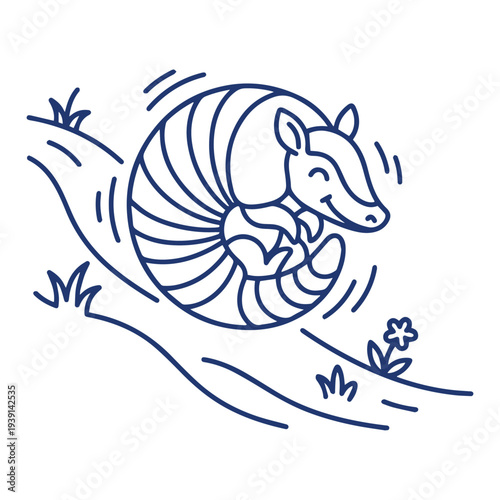 Adorable armadillo rolling down a hill, cute wild animal cartoon character line art illustration, clean vector isolated on white background.
