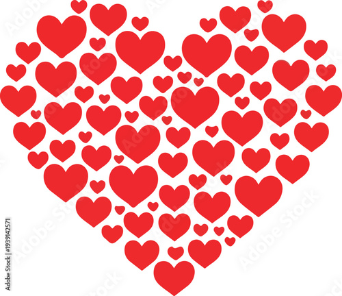 A vibrant red heart shape created from a multitude of smaller interconnected hearts, symbolizing abundant love, affection, and passion for romantic celebrations like Valentine's Day
