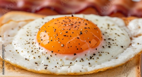 fried egg on a plate, Extreme close-up macro photo of a sunny side up fried egg on a slice of toasted white bread with crispy bacon in the background, bright orange egg yolk with cracked glossy surfac