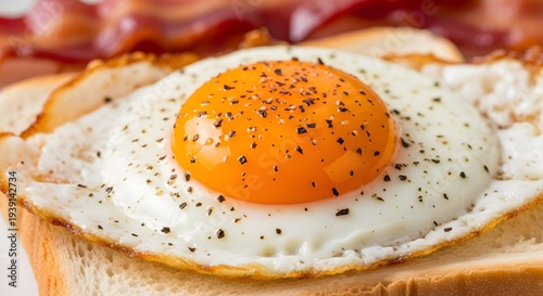 fried egg on a plate, Extreme close-up macro photo of a sunny side up fried egg on a slice of toasted white bread with crispy bacon in the background, bright orange egg yolk with cracked glossy surfac
