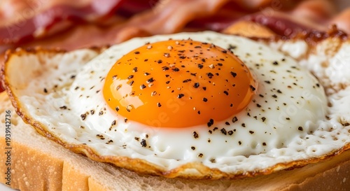 fried egg on a plate, Extreme close-up macro photo of a sunny side up fried egg on a slice of toasted white bread with crispy bacon in the background, bright orange egg yolk with cracked glossy surfac