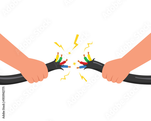 Hands holding electric broken cable vector on white background. Danger of Power line damage.