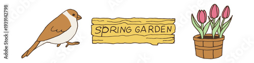 Spring rectangular banner Spring garden, gardening. Colorful doodles, hand-drawn vector.