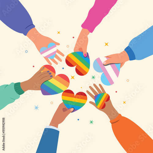 Pride Month concept. Vector illustration of a set of hand holding different LGBT pride flag in heart shape. 