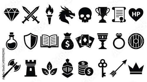 Fantasy RPG elements collection, bold black icons, swords, shields, dragons, potions, treasures, and knight helmets