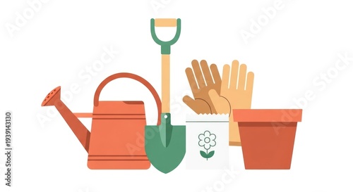 Gardening tools illustration set watering can shovel gloves pot isolated