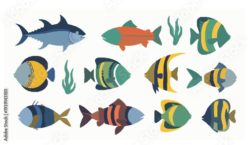 Abstract Cute Sea Fish Cartoon Set Decorative Naive Aquarium Vector Illustration