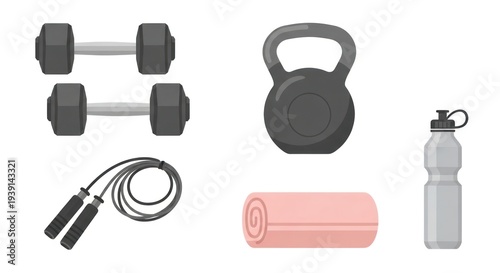 Gym equipment illustration dumbbells kettlebell jump rope towel and water bottle