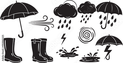 Rainy Day Weather Icons with Umbrellas and Rain Boots