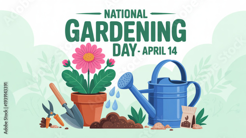 National gardening day celebration illustration featuring gardening tools a potted flower and a watering can on april 14
