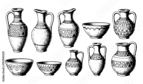 Ancient Greek Pottery Sketch Set with Archaeological Vases Pitchers and Ceramic Bowls