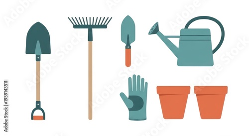 Garden tools collection shovel rake trowel watering can gloves pots white background