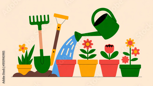 Gardening tools and potted flowers illustration with watering can pouring water on plants in colorful pots