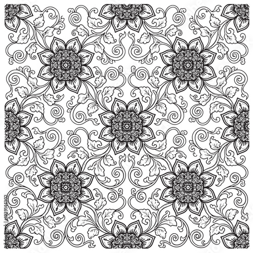 Intricate floral mandala pattern with swirling vines and leaves, a beautiful design for coloring or artistic inspiration Vector Design Illustration.