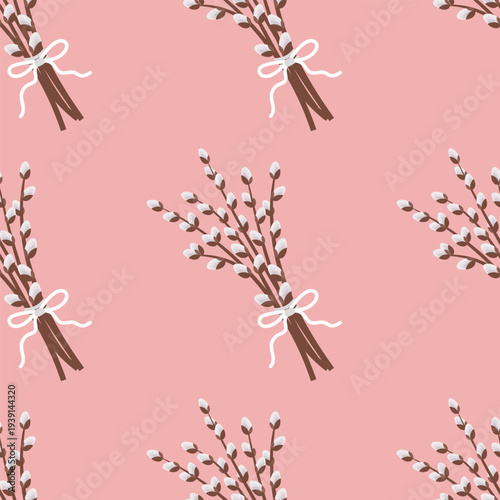 Seamless pattern with  willow branches with bows on a pink background. Festive spring print.