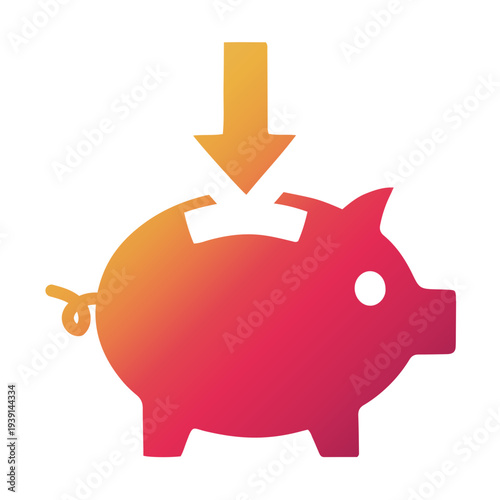Depositing money into a piggy bank with a downward arrow indicating savings
