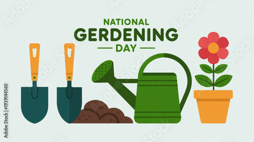 National gardening day illustration featuring gardening tools watering can soil and potted flower on white background perfect for gardening and horticulture themes