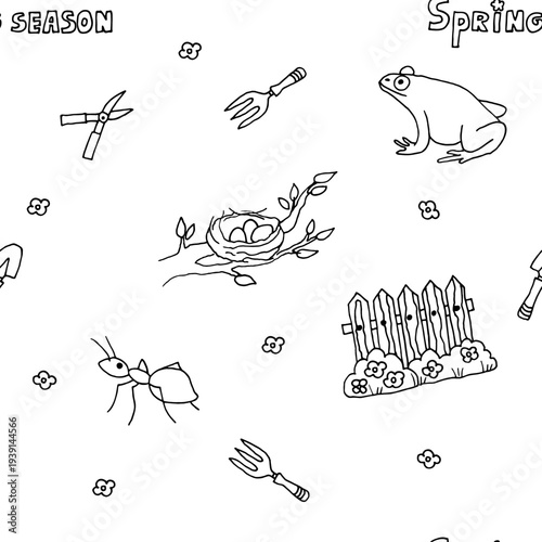Gardening doodle seamless pattern in black and white Spring season. Hand-drawn line art vector background.