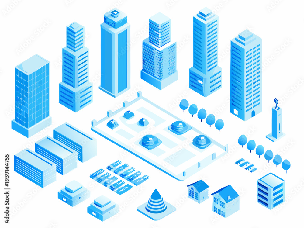 Fototapeta premium Isometric illustration of a modern city skyline with geometric buildings