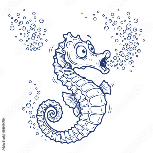 Detailed seahorse swimming underwater with bubbles, cute marine animal cartoon line art illustration, clean vector isolated on white background.