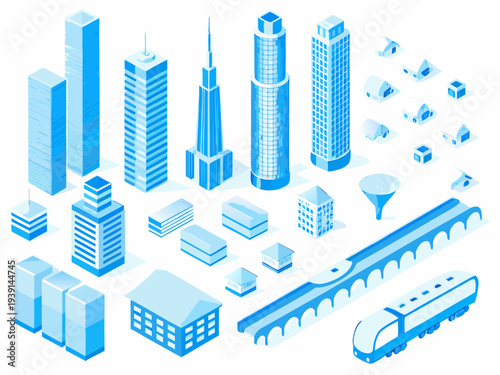 Isometric illustration of a modern city with buildings and transport