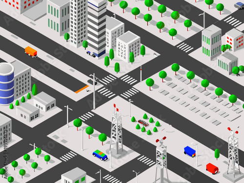 Isometric view of a stylized city with roads buildings and vehicles