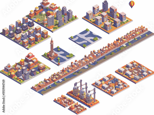 Isometric illustration of a fragmented city landscape with buildings and waterways