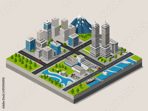Isometric cityscape featuring modern buildings a river and mountainous backdrop