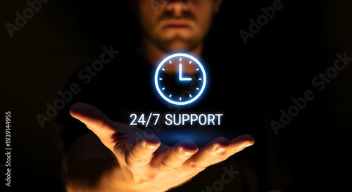 24 7 support concept with glowing clock and hand