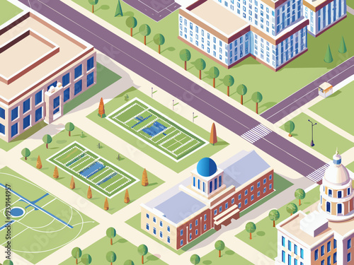 Isometric illustration of a university campus with buildings and outdoor spaces