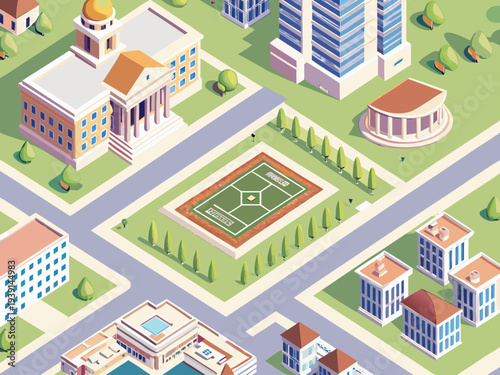 Isometric illustration of a city park with a soccer field
