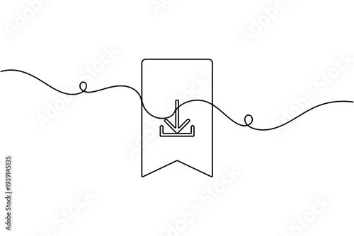 Bookmark with download arrow sign icon continuous one line drawing on white background minimal file save and download symbol outline vector illustration