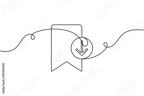 Bookmark with download arrow sign icon continuous one line drawing on white background minimal file save and download symbol outline vector illustration